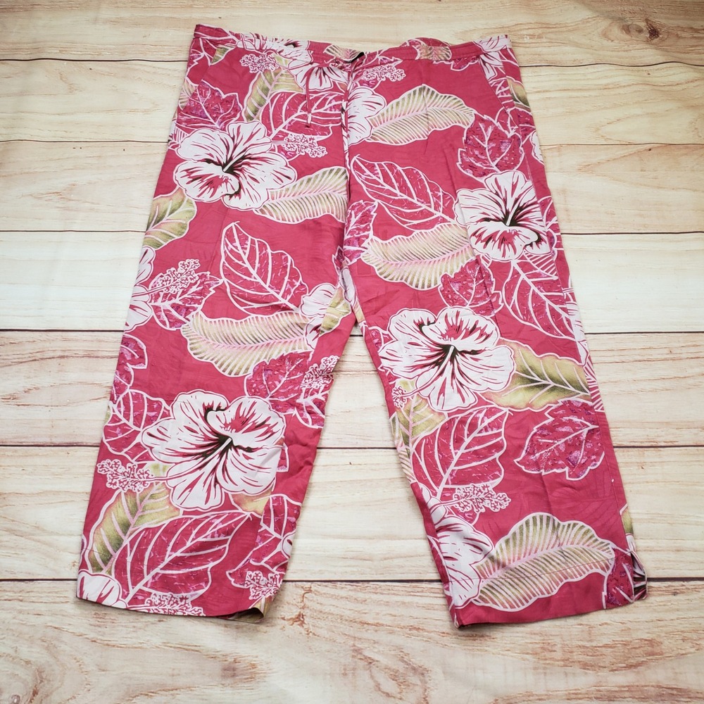 Tommy Bahama Crop Pants Womens Large L Pink Silk Linen Tropical Hibiscus Print